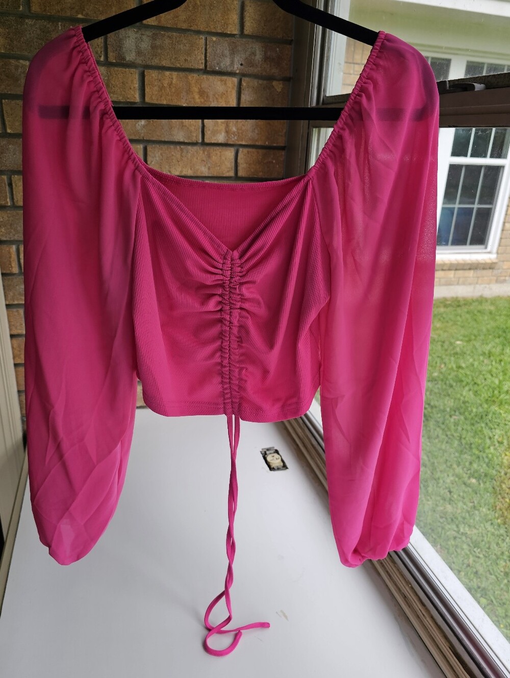 Bright Pink Ruched Cropped Top with Sheer Balloon Sleeves - Women's Size Large
